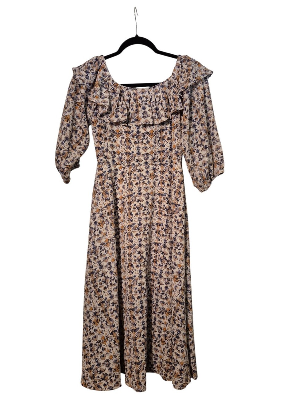 BCBGeneration Floral Ruffle Midi Dress in Cream, Brown and Navy 2
